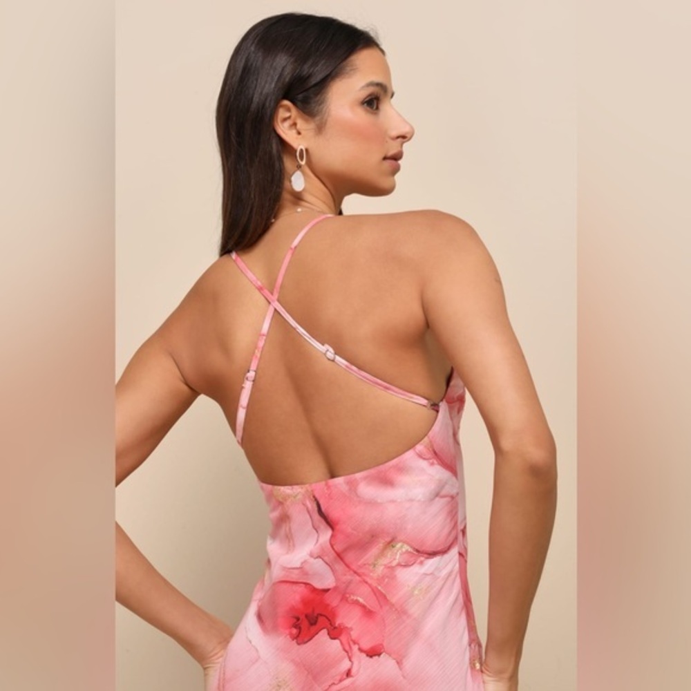 NEW LULUS Bright Charm Pink Abstract Print Chiffon Slip Midi Dress SZ SMALL - Picture 2 of 8